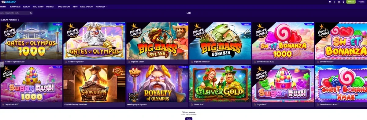 1x Casino arayüz görüntüsü