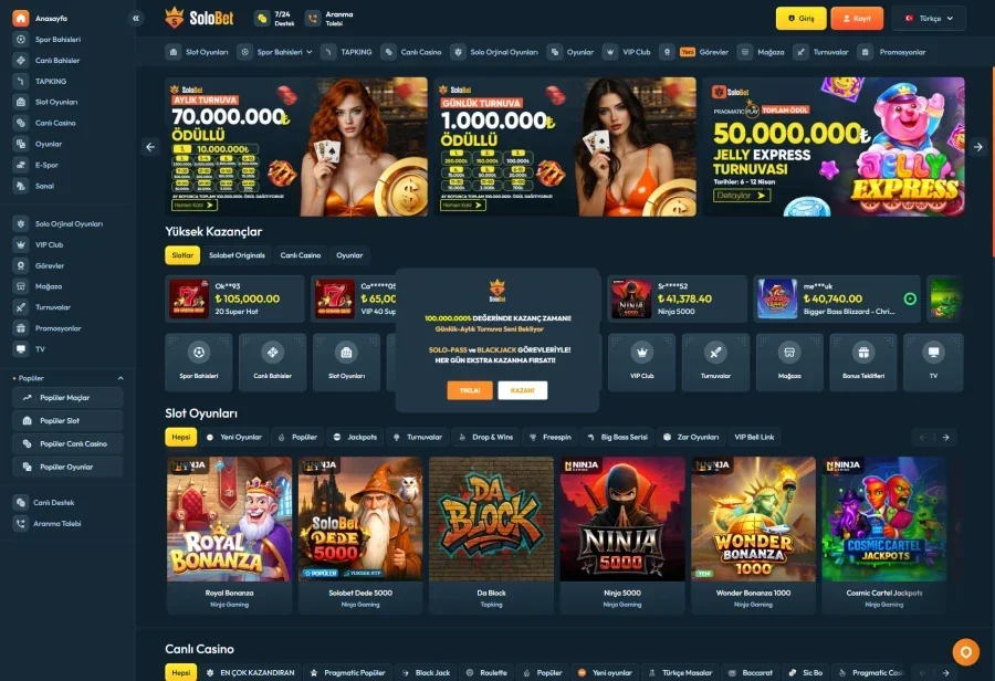 Solobet arayüz görüntüsü