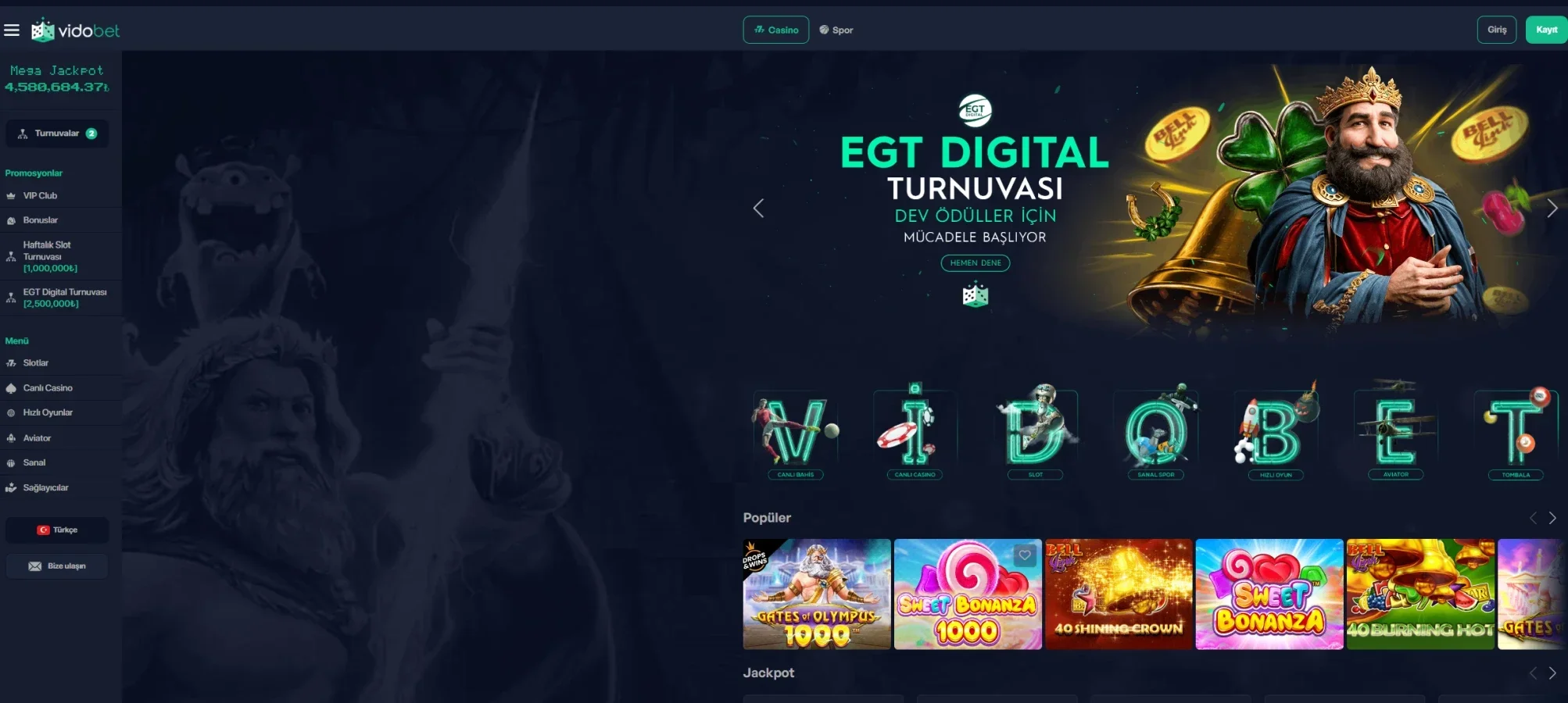 Vidobet arayüz görüntüsü